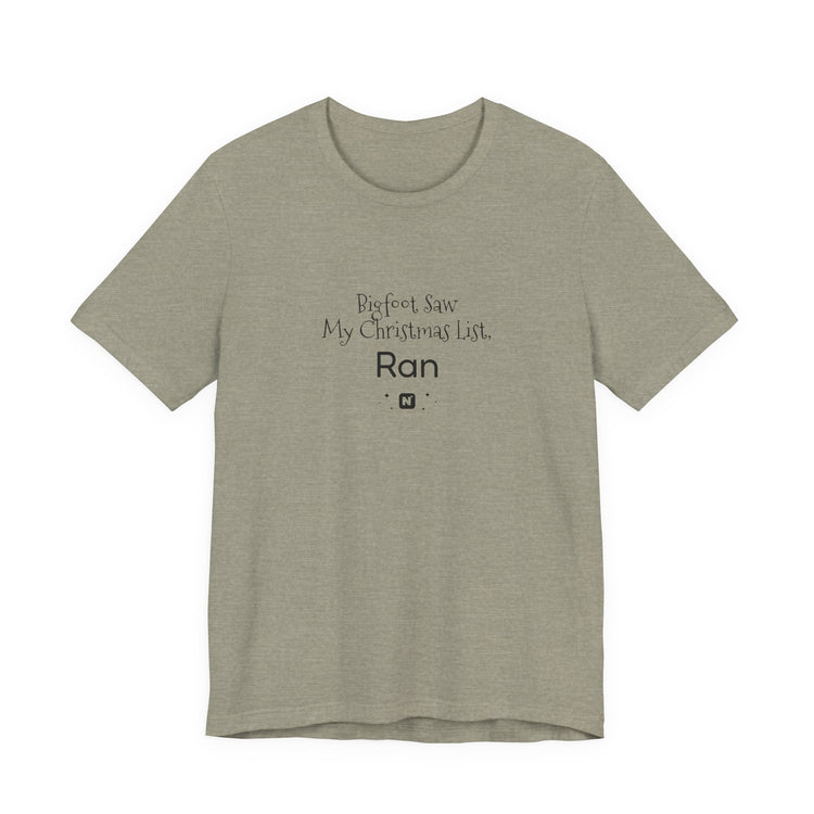 Bigfoot Christmas List T-shirt in heather-stone – original NewGiftDay design