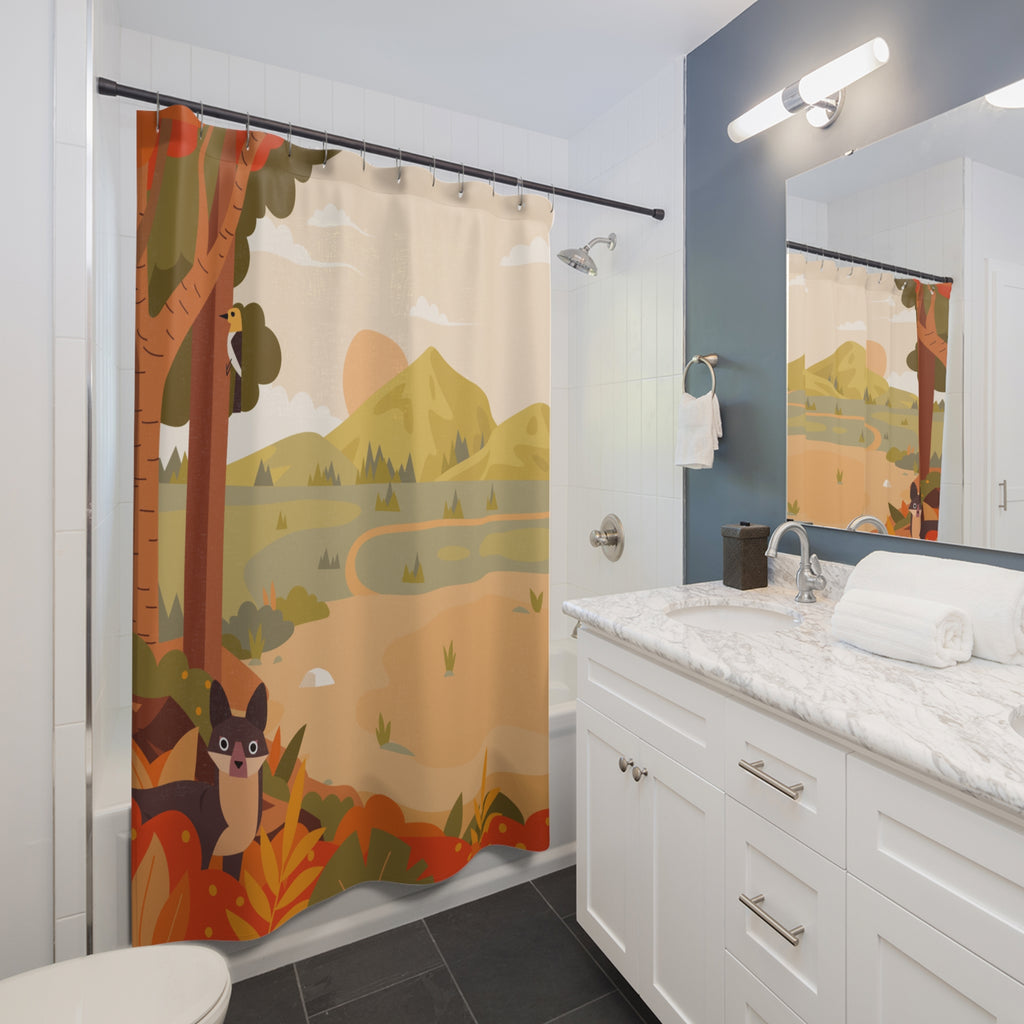 Whimsical Autumn Fox & Woodpecker Shower Curtain Gift: Charming Fall for Nature Lovers