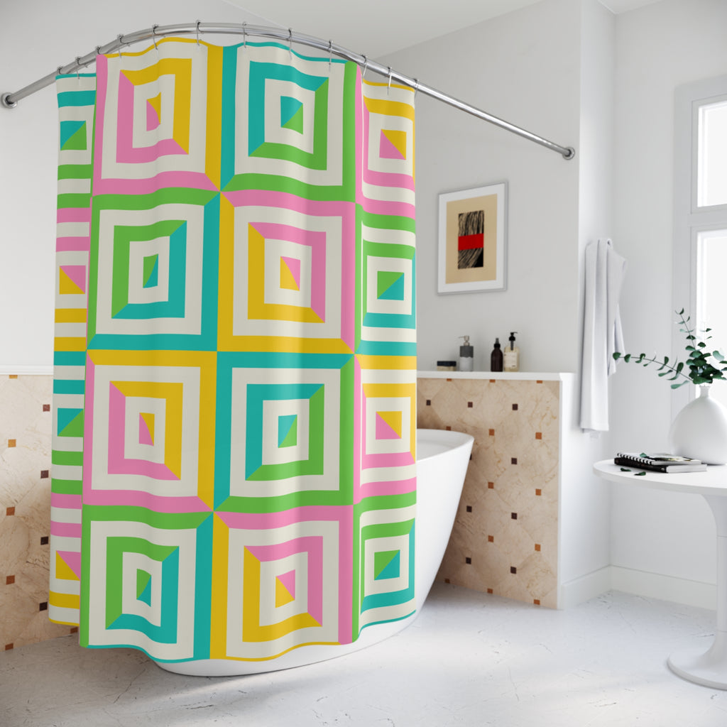 Pink, Yellow, Green & Blue Geometric Square Shower Curtain