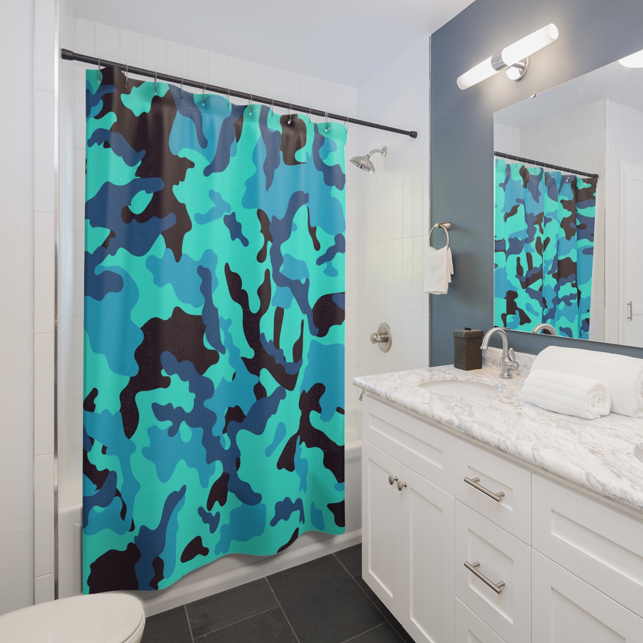 Vibrant Blue Camouflage Shower Curtain: Gift for a Bold, Energetic Space