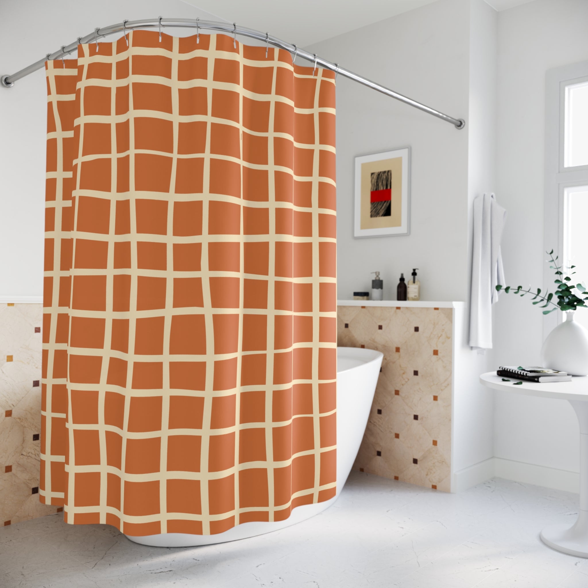 Wavy Grid Terracotta Shower Curtain Gift: Organic Modernism for Calm Spaces