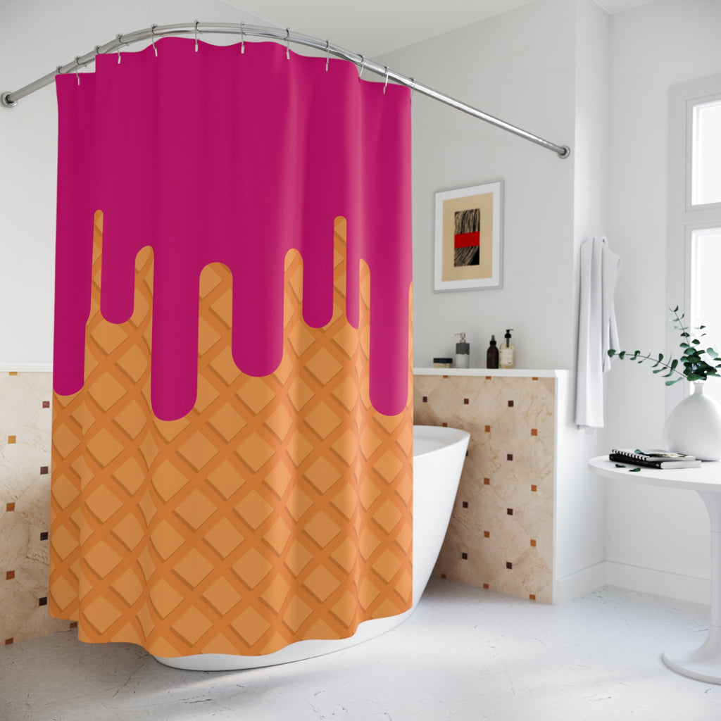 Waffle Cone Raspberry Drip Shower Curtain Gift: Playful Dessert Decor