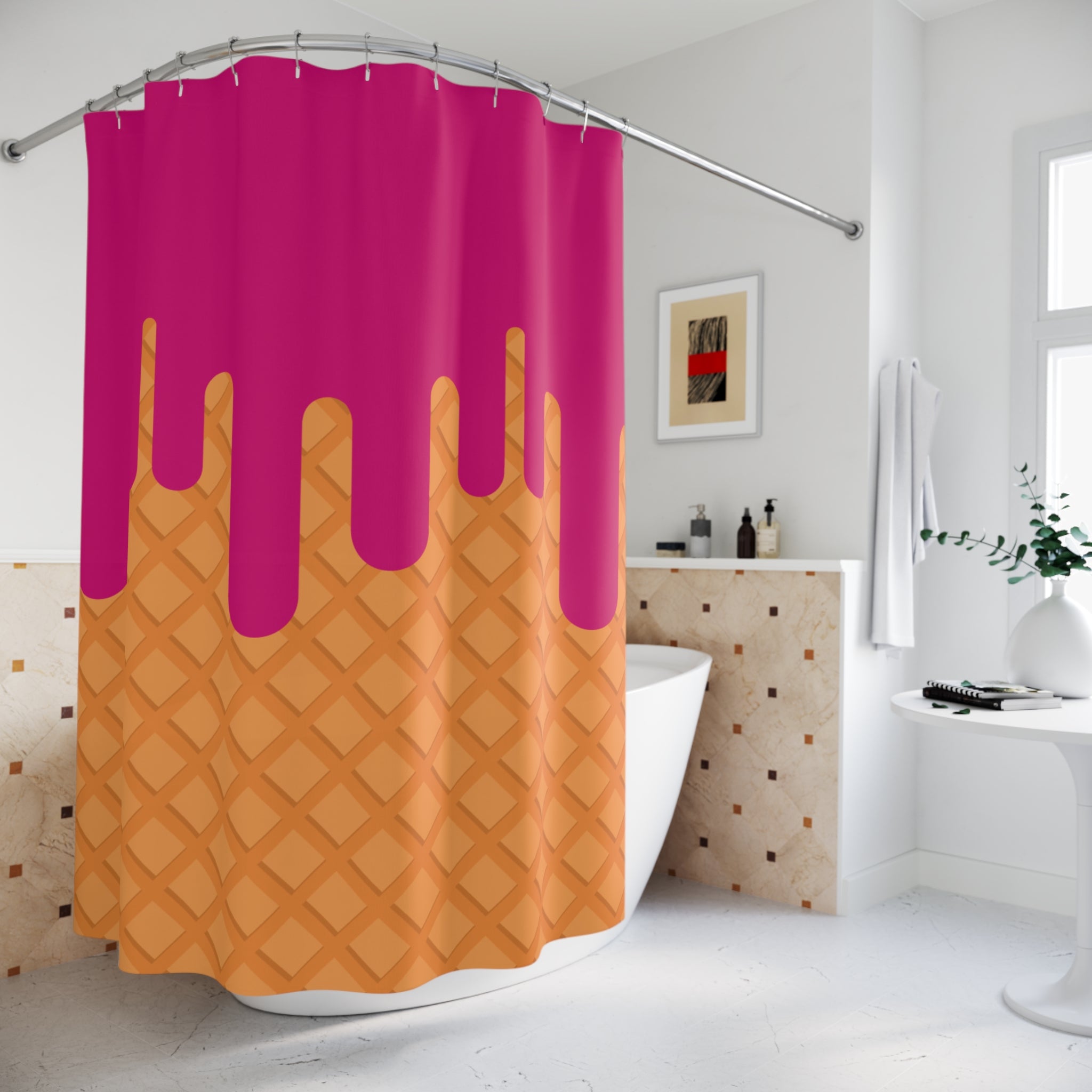 Waffle Cone Raspberry Drip Shower Curtain Gift: Playful Dessert Decor
