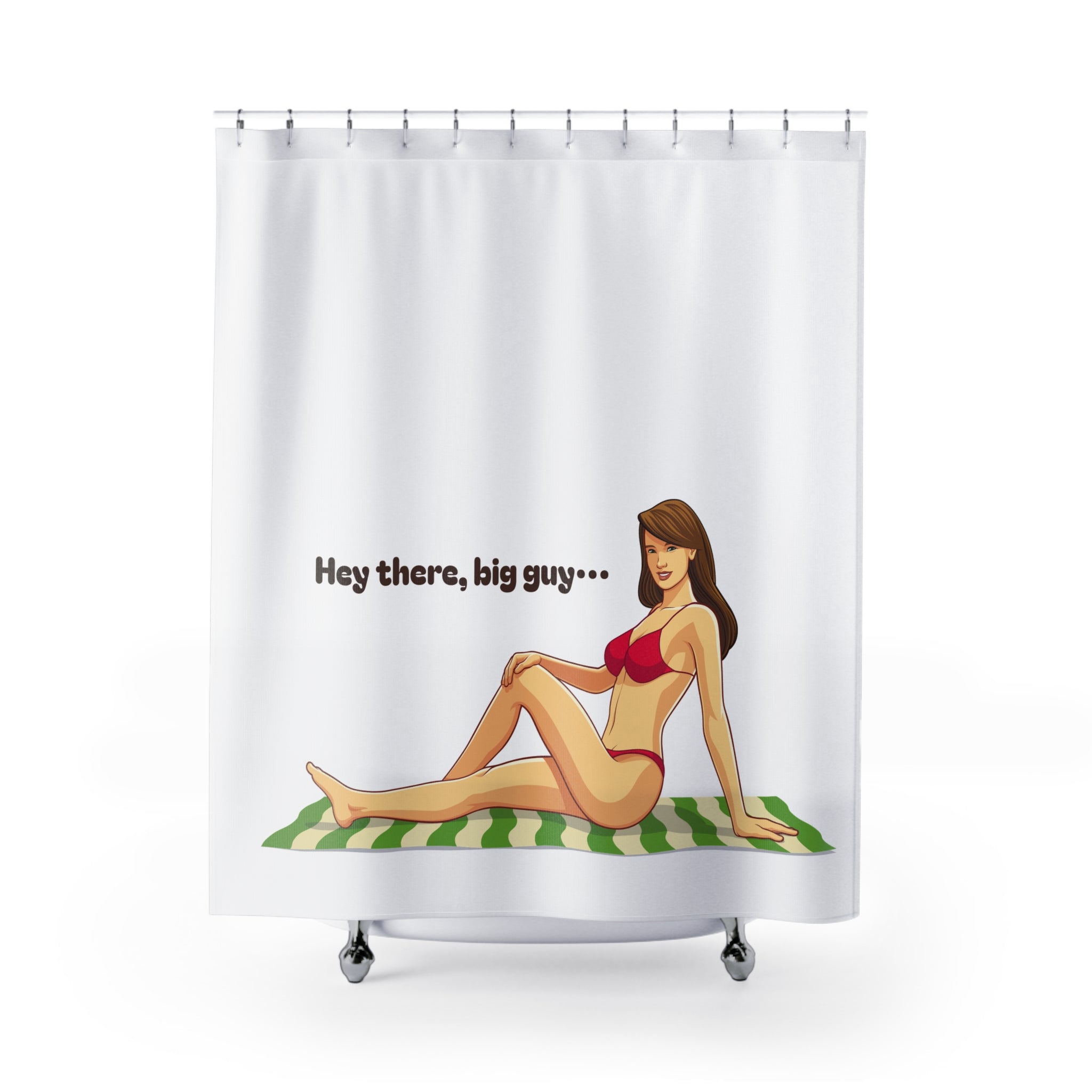 "Hey There, Big Guy" Pin-Up Shower Curtain Gift: Retro Humor for Bold Personalities