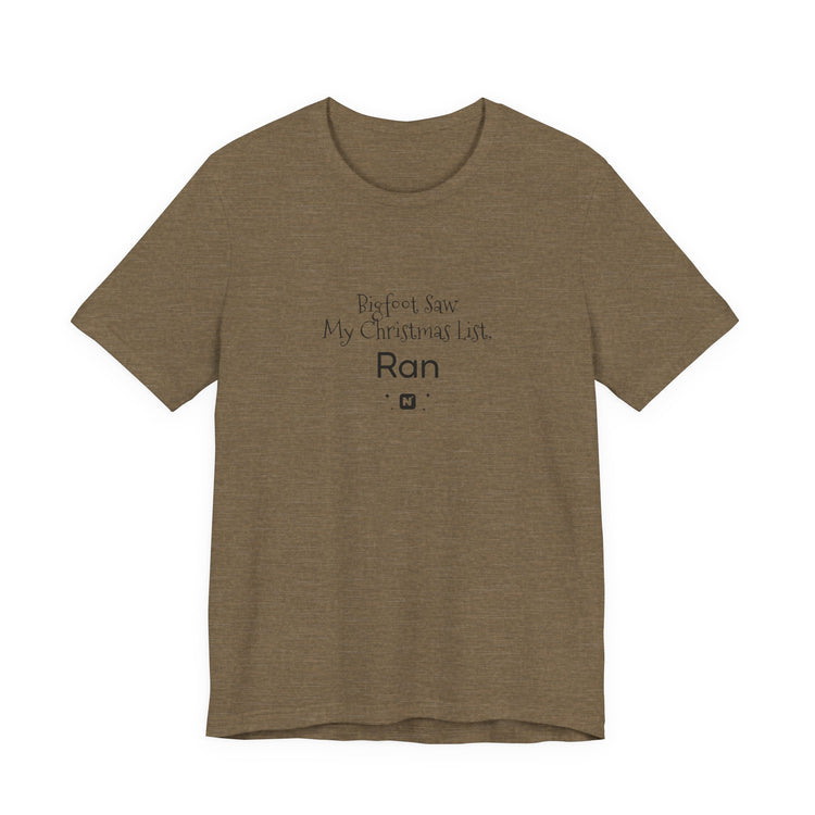 Bigfoot Christmas List T-shirt in heather-olive – original NewGiftDay design