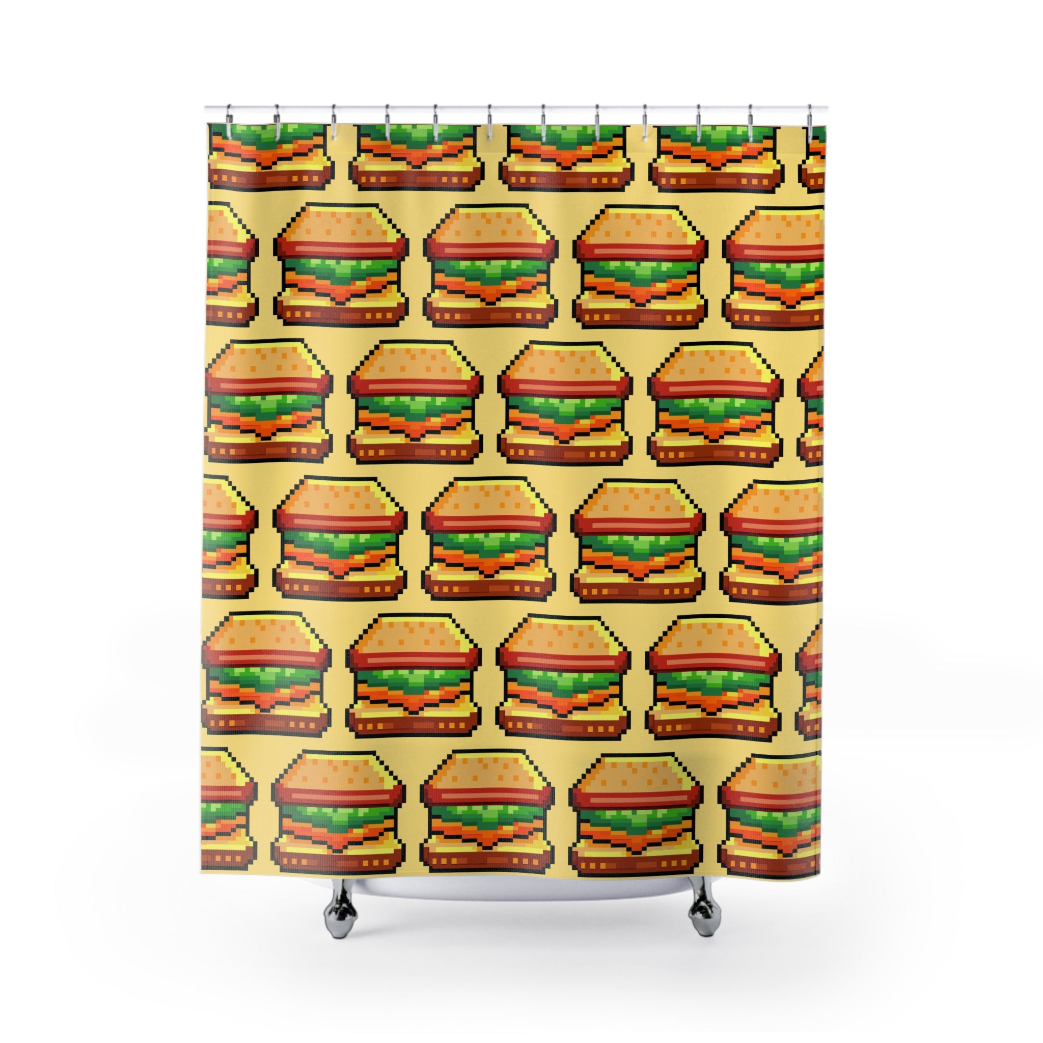 Pixel Hamburger Shower Curtain Gift: Retro Gaming Feast for Foodie Homes