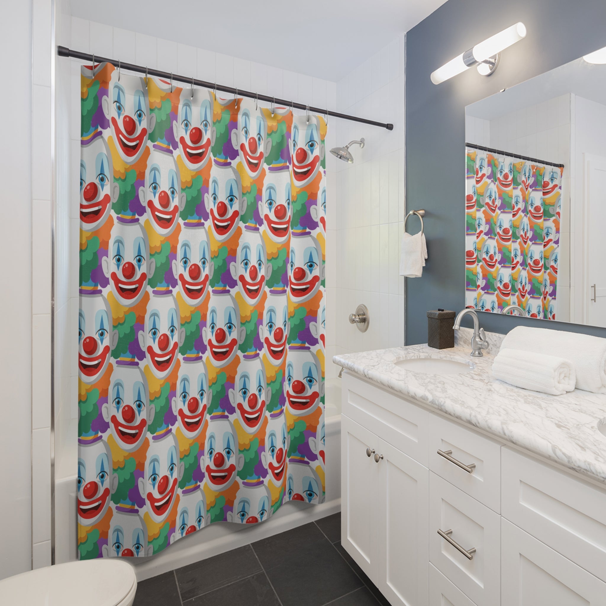Repeating Clown Faces Shower Curtain Gift: Hilarious Circus Art for Bold Homes