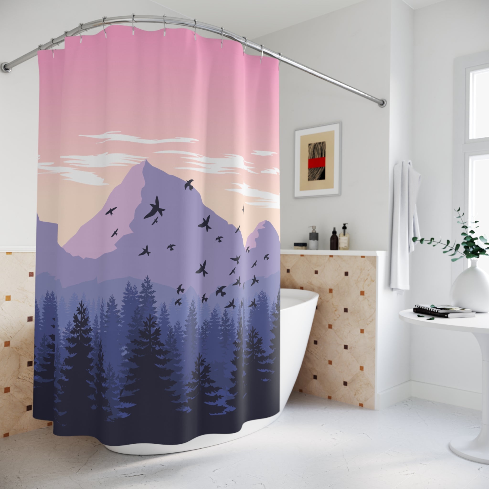 Monochromatic Mountain Forest Shower Curtain Gift: Serene Escape for Nature Lovers