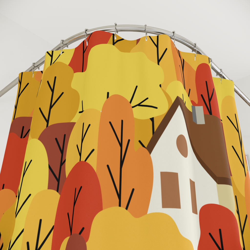 Cozy Autumn Forest Houses Pattern Shower Curtain Gift: Charming Fall for Rustic Homes