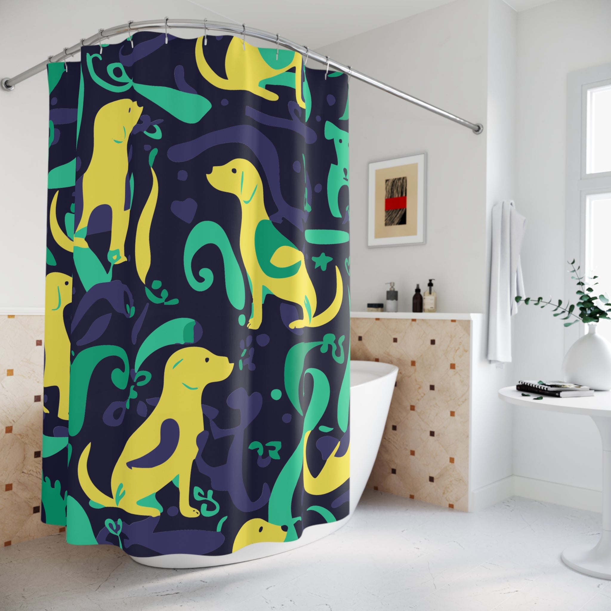 Abstract Playful Pup Green Shower Curtain Gift: Vibrant Canine Art for Dog Lover Homes