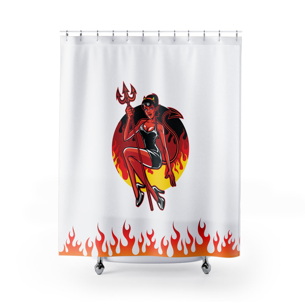 Pin-Up She-Devil & Flames Shower Curtain Gift: Edgy Retro Art for Bold Bathrooms