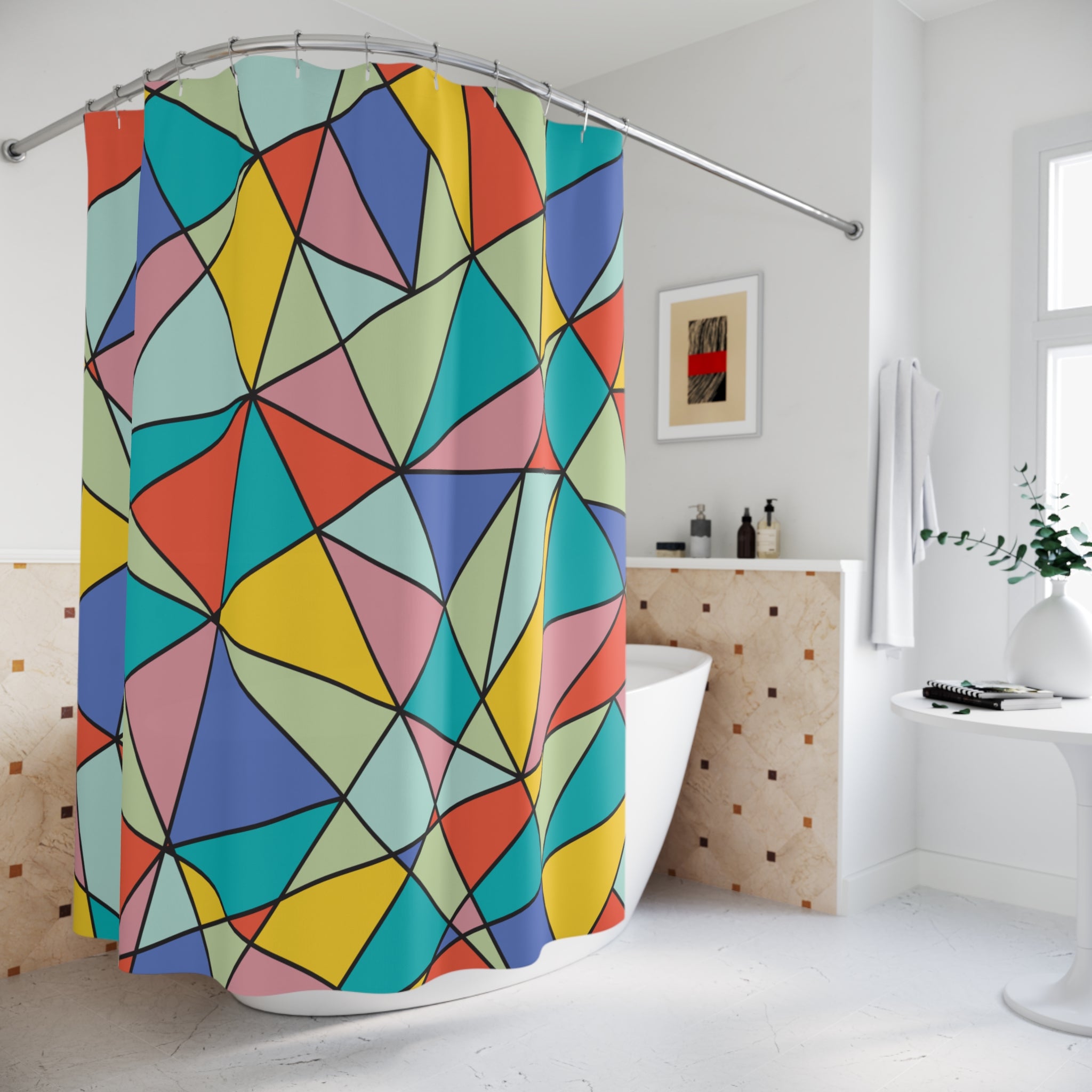 Geometric Multicolor Stained Glass Shower Curtain Gift: Modern Mosaic Art for Vibrant Homes
