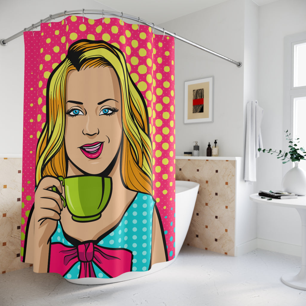 Pop Art Winking Woman with Teacup Shower Curtain Gift: Retro Glam for Chic Homes