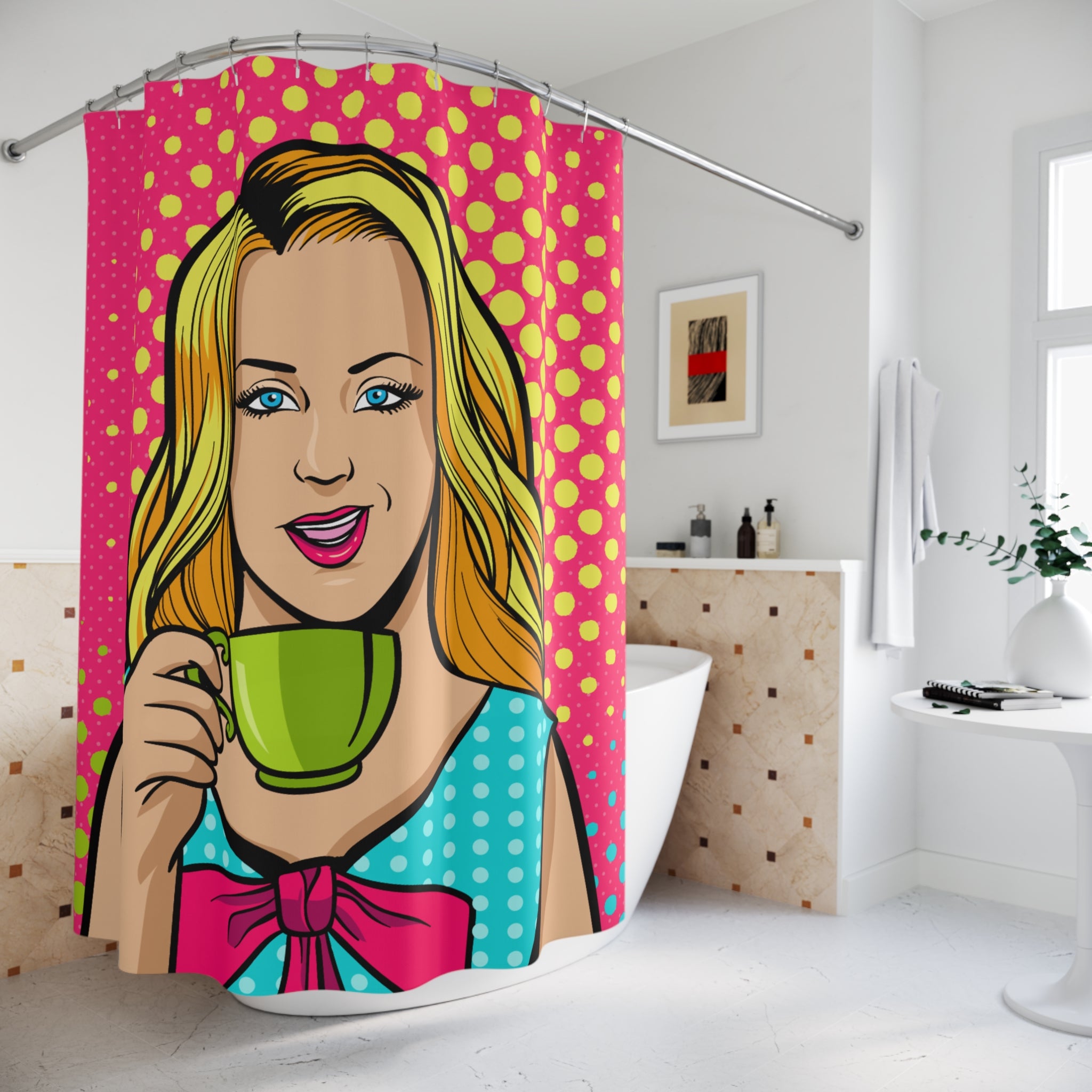 Pop Art Winking Woman with Teacup Shower Curtain Gift: Retro Glam for Chic Homes