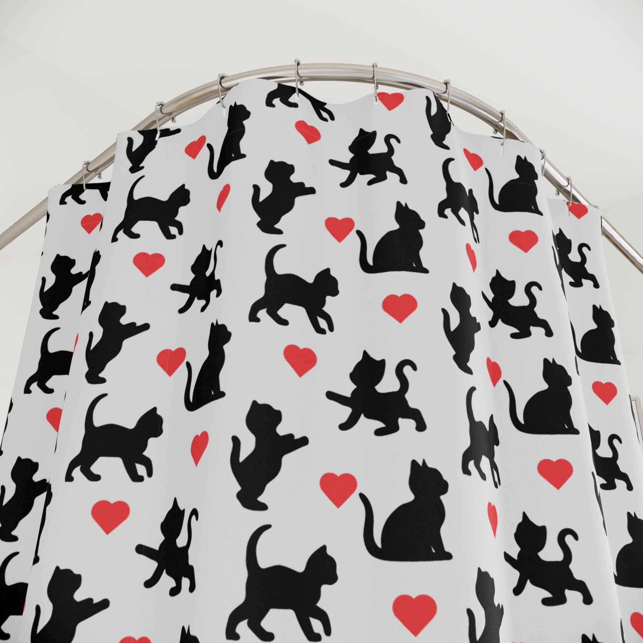 Whimsical Kitty Heart Pattern Shower Curtain Gift: Sweet Goth Style for Cat Lovers