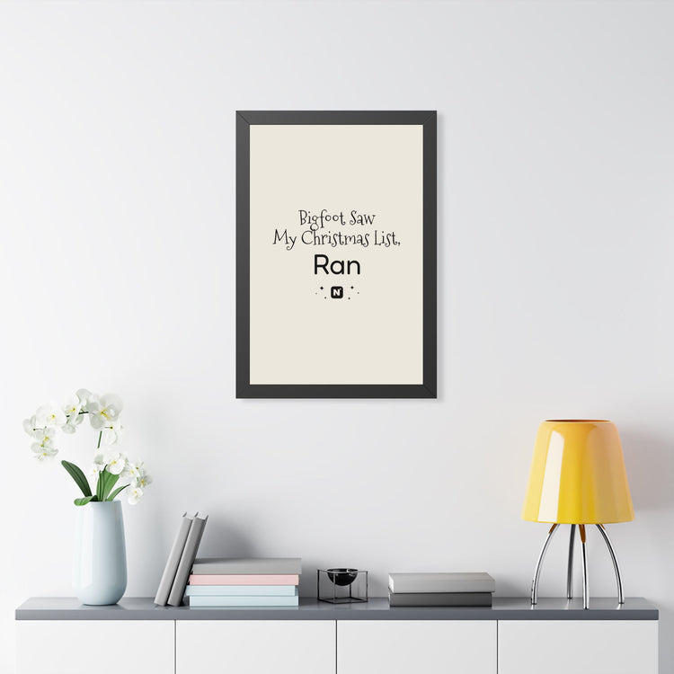 Bigfoot Christmas List Framed poster in walnut – original NewGiftDay design