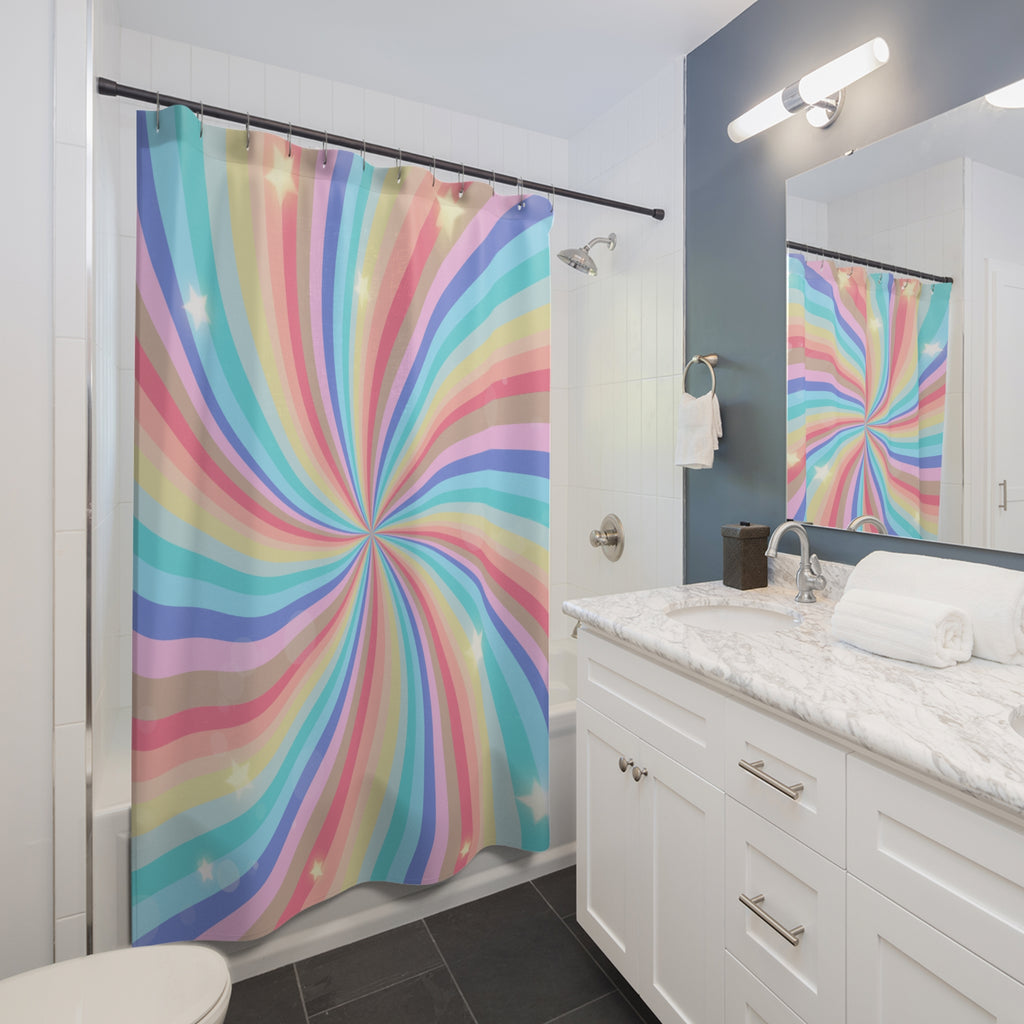 Pastel Rainbow Swirl & Stars Shower Curtain Gift: Psychedelic Dream for Energetic Homes