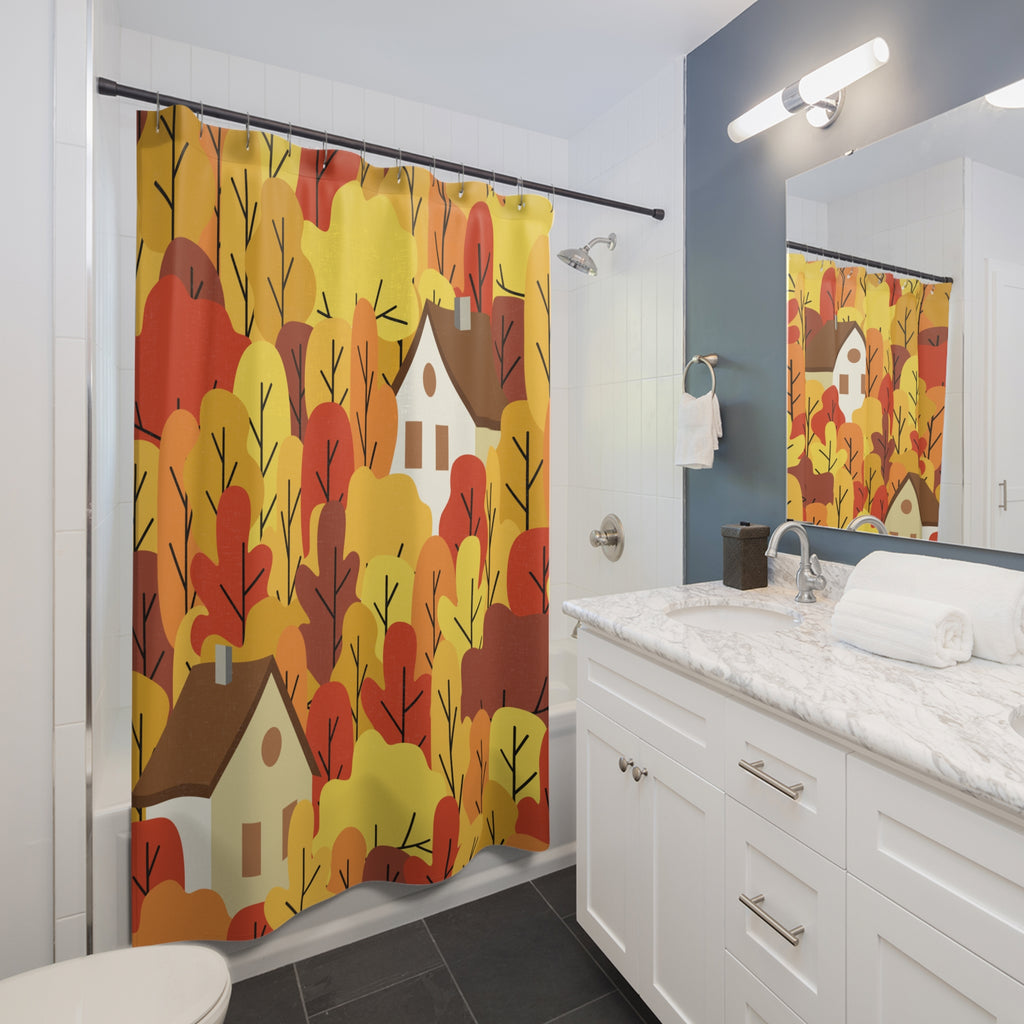 Cozy Autumn Forest Houses Pattern Shower Curtain Gift: Charming Fall for Rustic Homes