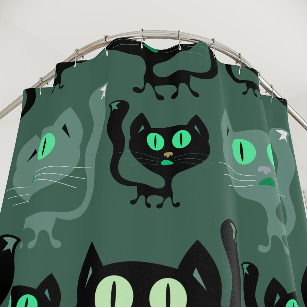 Whimsical Black Cat Pattern Green Shower Curtain Gift: Cozy Feline Charm for Pet Lovers