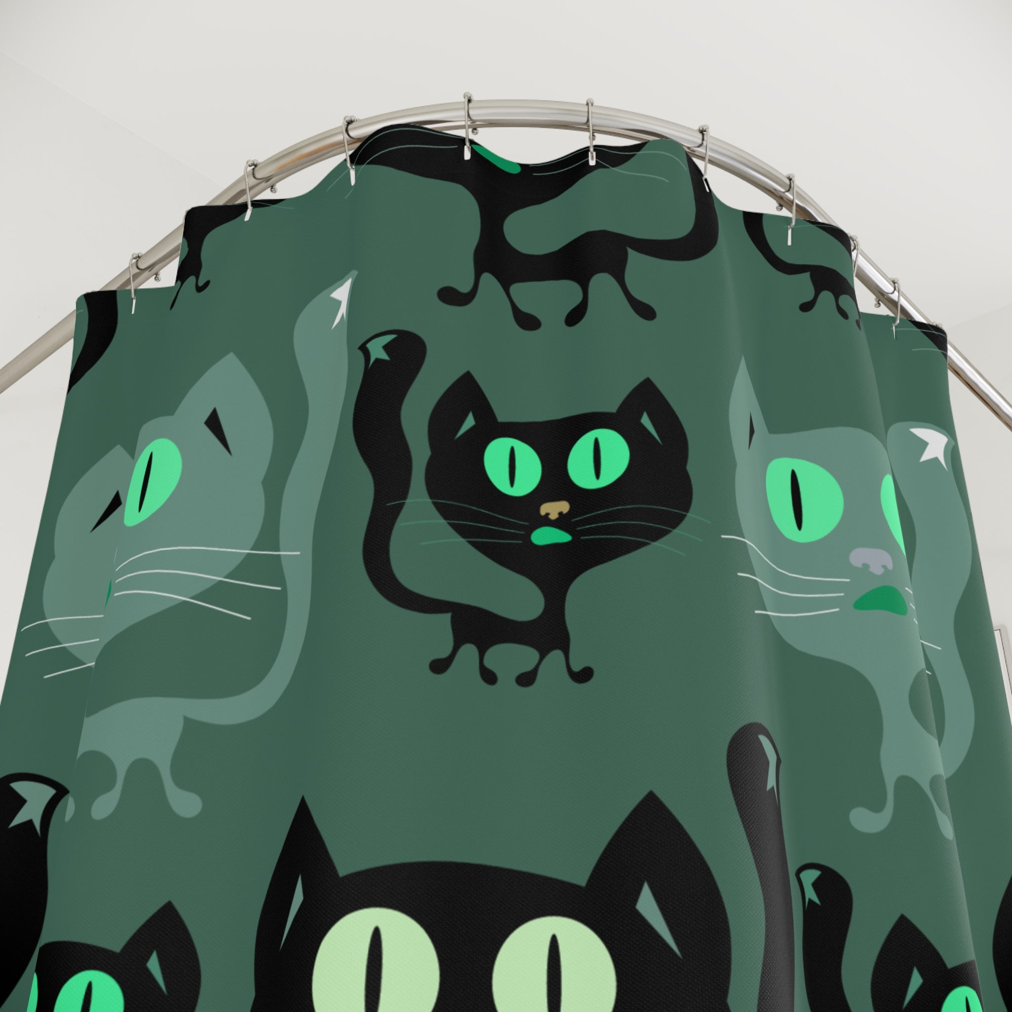 Whimsical Black Cat Pattern Green Shower Curtain Gift: Cozy Feline Charm for Pet Lovers