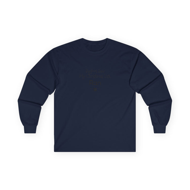 Bigfoot Christmas List long sleeve tee in navy – original NewGiftDay design