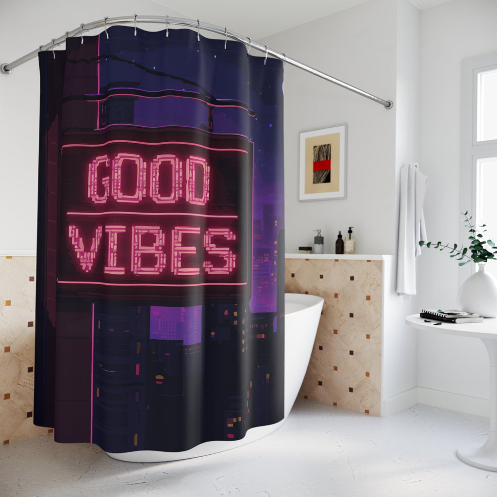 Pixelated Good Vibes City Sign Shower Curtain