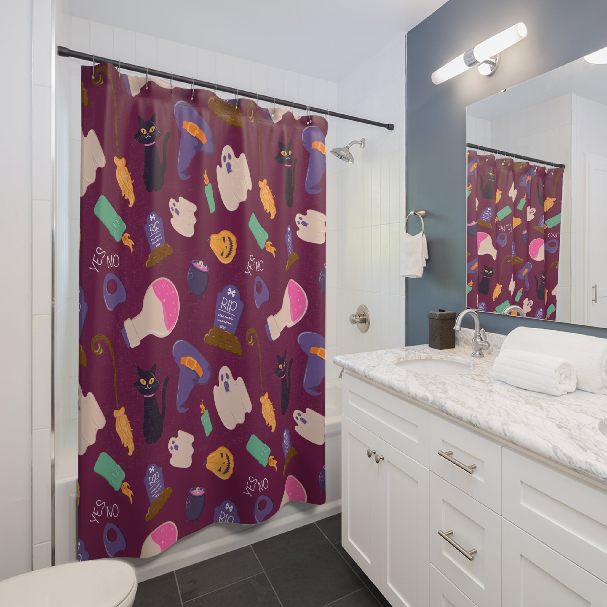 Cute Halloween Icon Pattern Shower Curtain Gift: Playful Spooky for Festive Homes