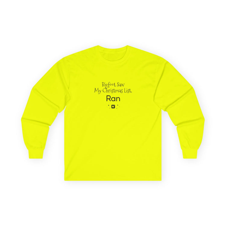 Bigfoot Christmas List long sleeve tee in safety-green – original NewGiftDay design