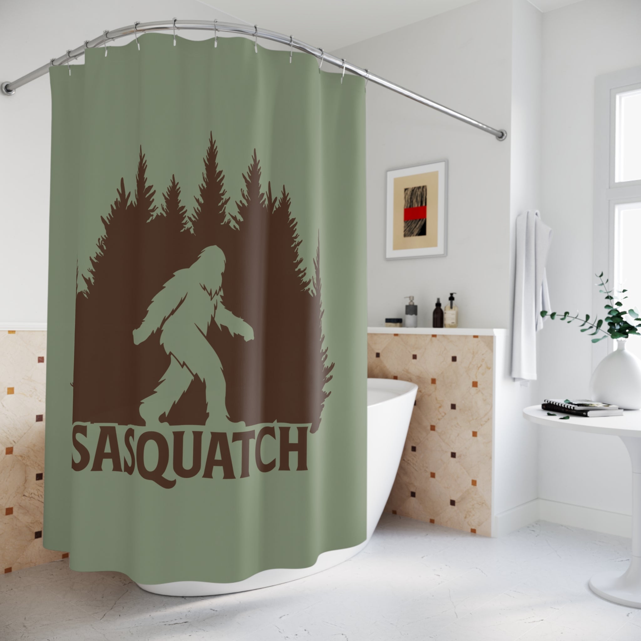 Sasquatch Forest Silhouette Shower Curtain Gift: Cryptid Lore for Rustic Homes