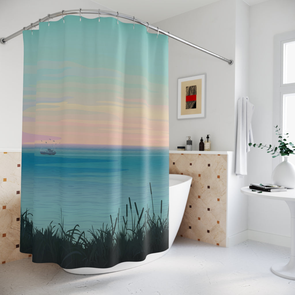 Tranquil Lake Sunset Shower Curtain Gift: Serene Horizons for Peaceful Homes