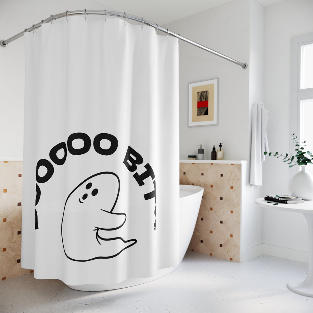 "BOOOOOO BIT**." Playful Ghost Shower Curtain Gift: Edgy Humor for Bold Homes