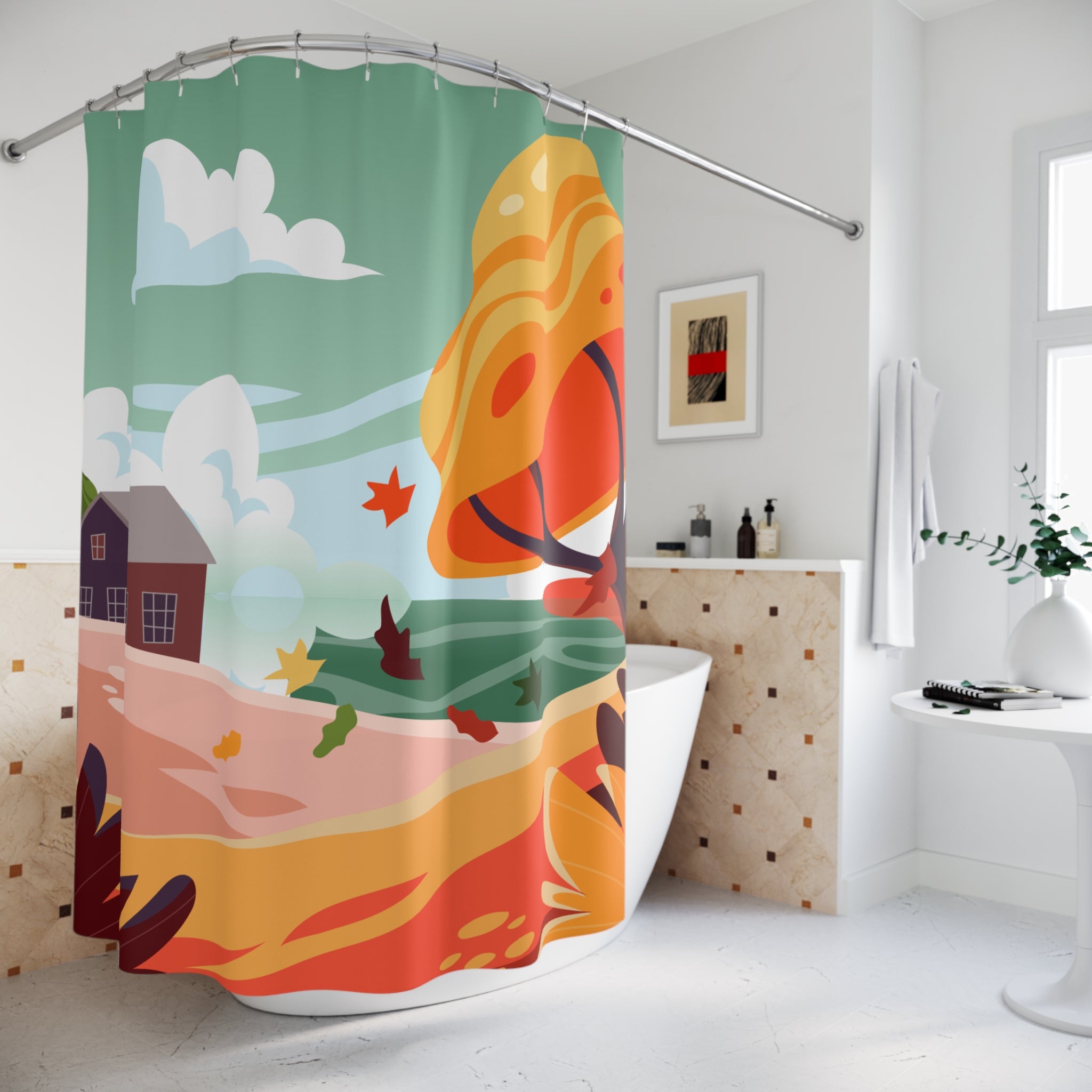 Picturesque Autumn Lakeside Cabin Shower Curtain Gift: Scenic Fall for Serene Homes