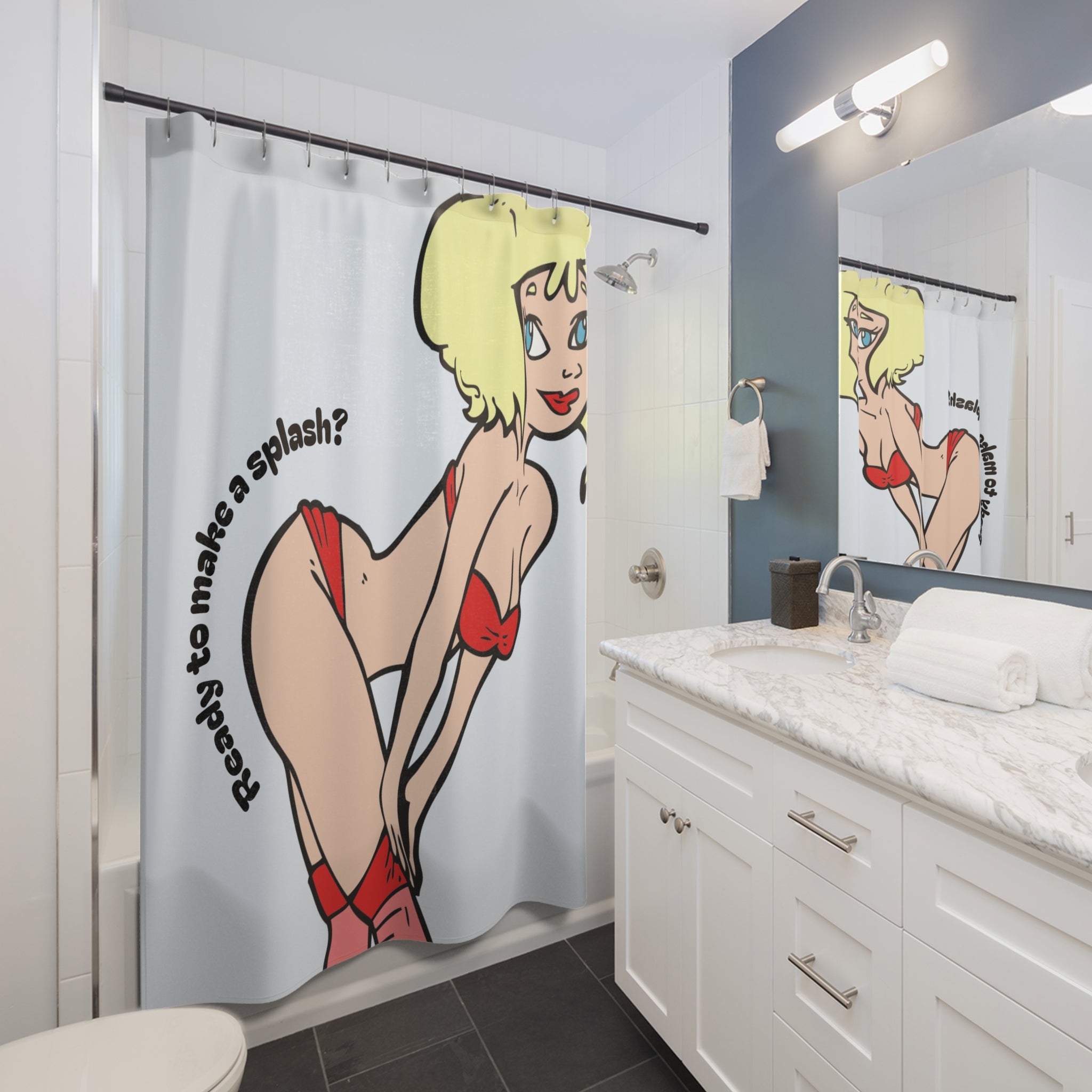 "Ready to Make a Splash?" Pin-Up Shower Curtain Gift: Edgy Humor for Bold Spaces