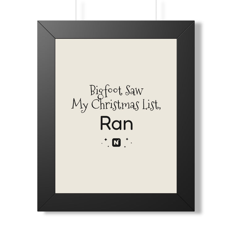 Bigfoot Christmas List Framed poster in black – original NewGiftDay design