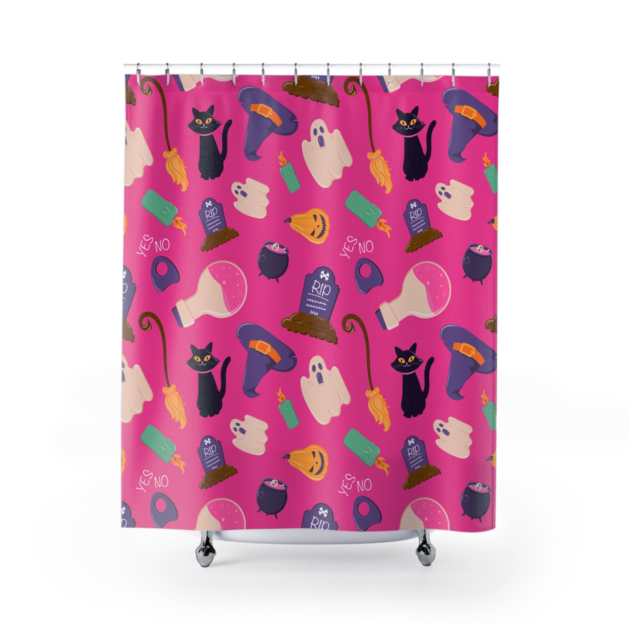 Bright Pink Halloween Icon Pattern Shower Curtain Gift: Playful Spooky for Festive Homes