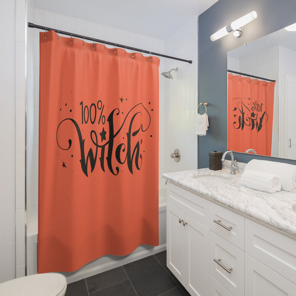 "100% Witch" Calligraphy Shower Curtain Gift: Chic Spooky Style for Enchanted Homes