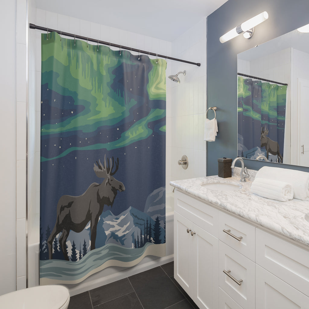 Enchanting Northern Lights Moose Shower Curtain
