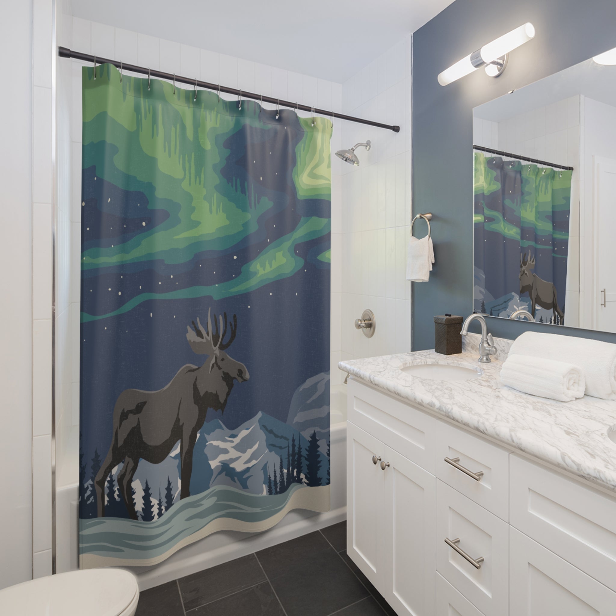 Enchanting Northern Lights Moose Shower Curtain