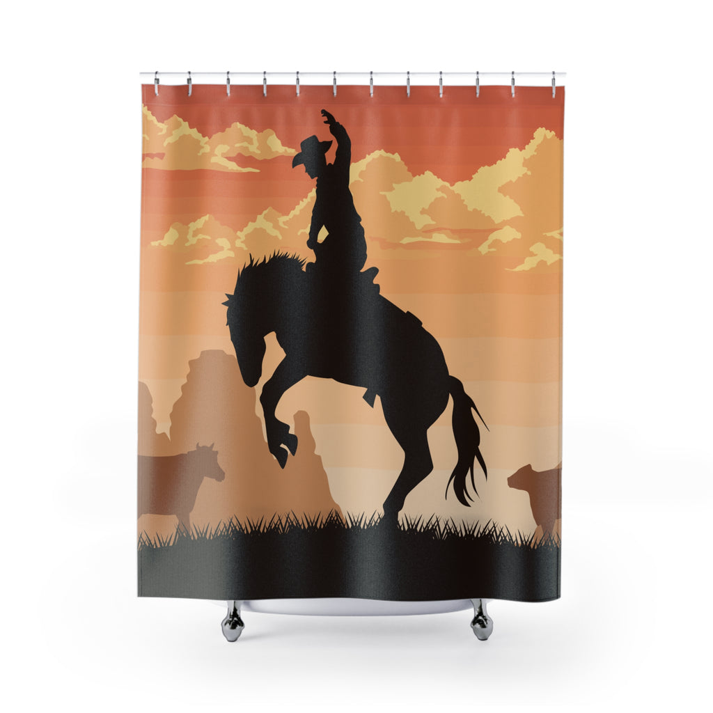 Western Sunset Bucking Bronc Shower Curtain Gift: Dramatic Rodeo Art for Rustic Homes