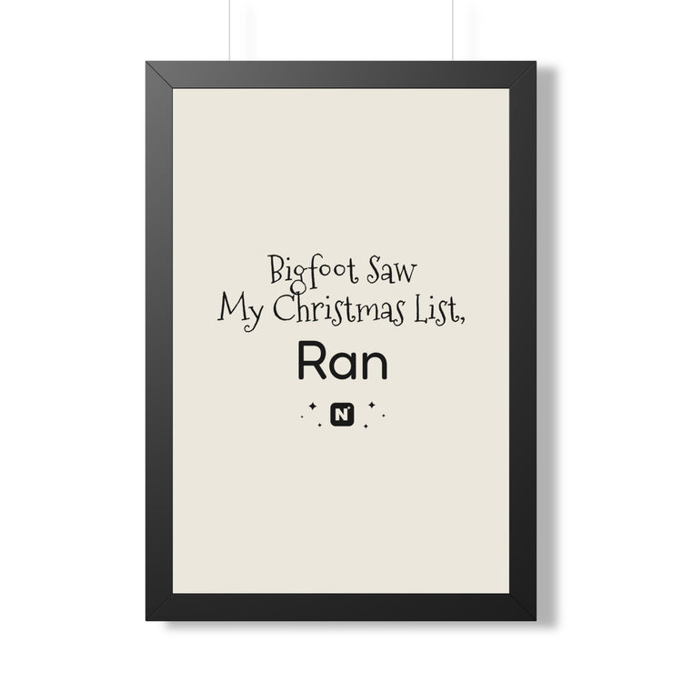 Bigfoot Christmas List Framed poster in black – original NewGiftDay design
