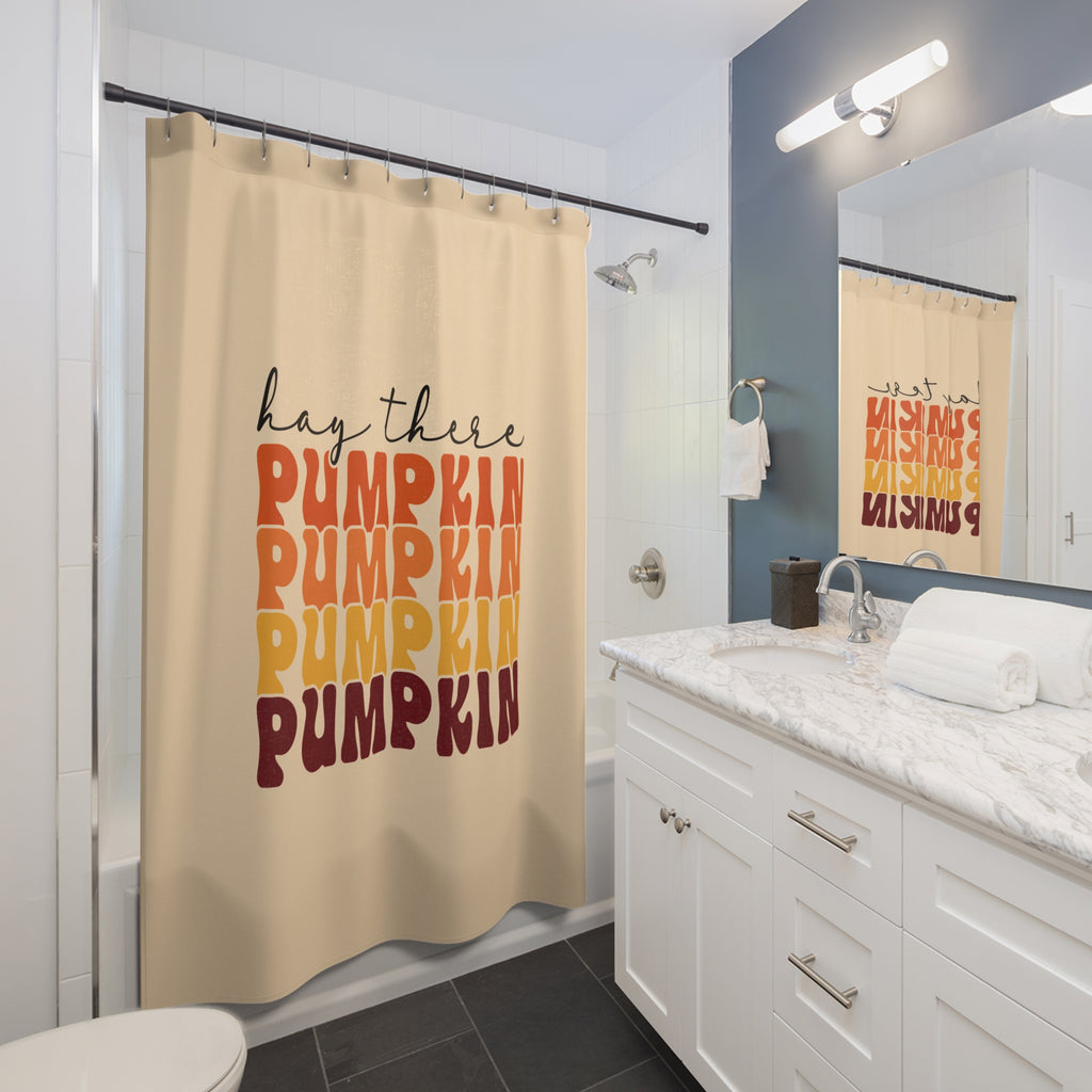 "Hey There Pumpkin" Groovy Autumn Stacked Text Shower Curtain Gift: Retro Warmth for Fall Homes
