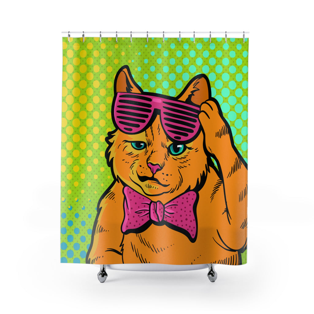 Pop Art Cool Cat with Shutter Shades Shower Curtain Gift: Retro Pet Vibes for Fun Homes