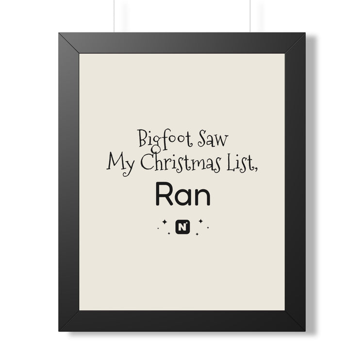 Bigfoot Christmas List Framed poster in black – original NewGiftDay design