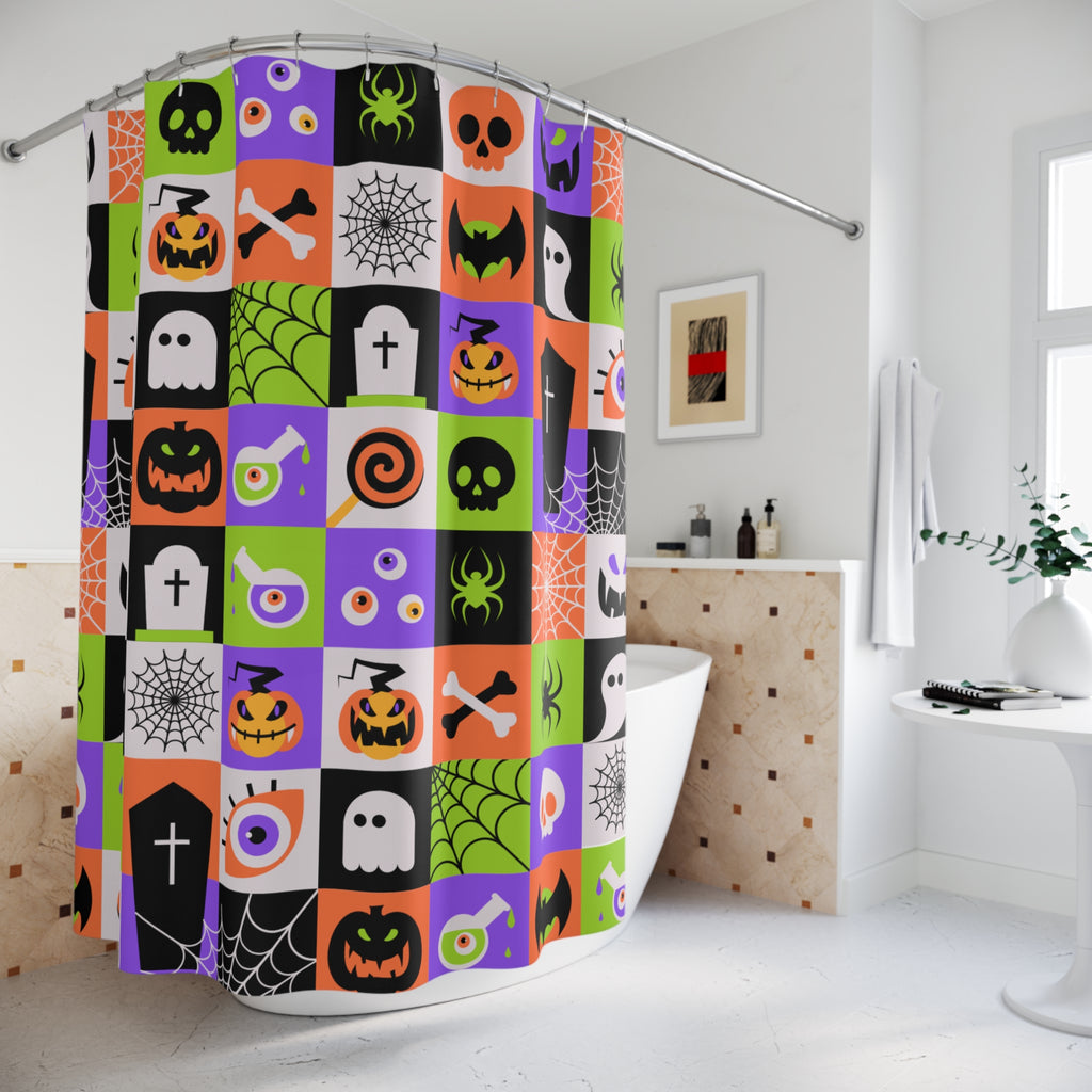 Checkerboard Halloween Icon Shower Curtain Gift: Maximalist Fun for Spooky Season
