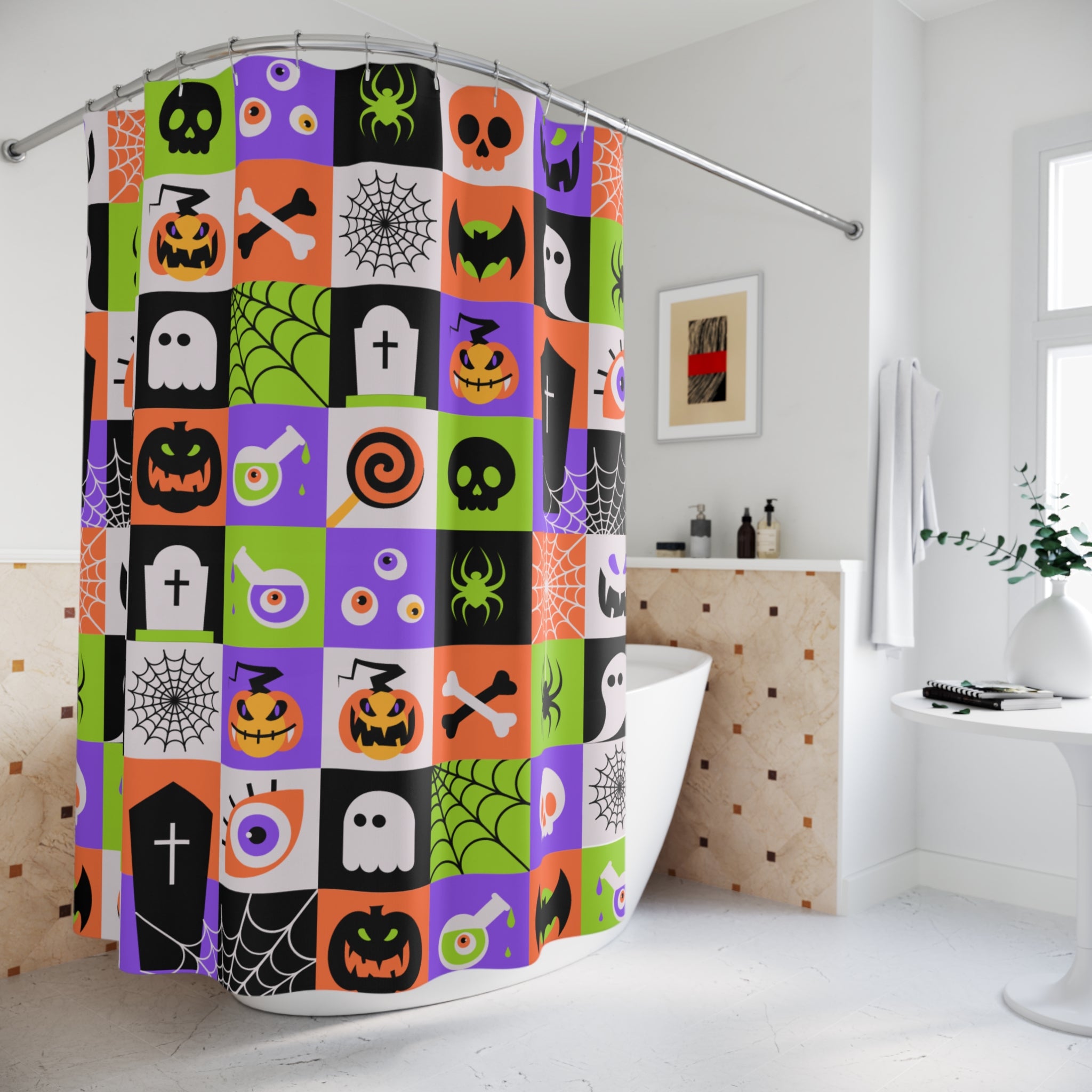 Checkerboard Halloween Icon Shower Curtain Gift: Maximalist Fun for Spooky Season