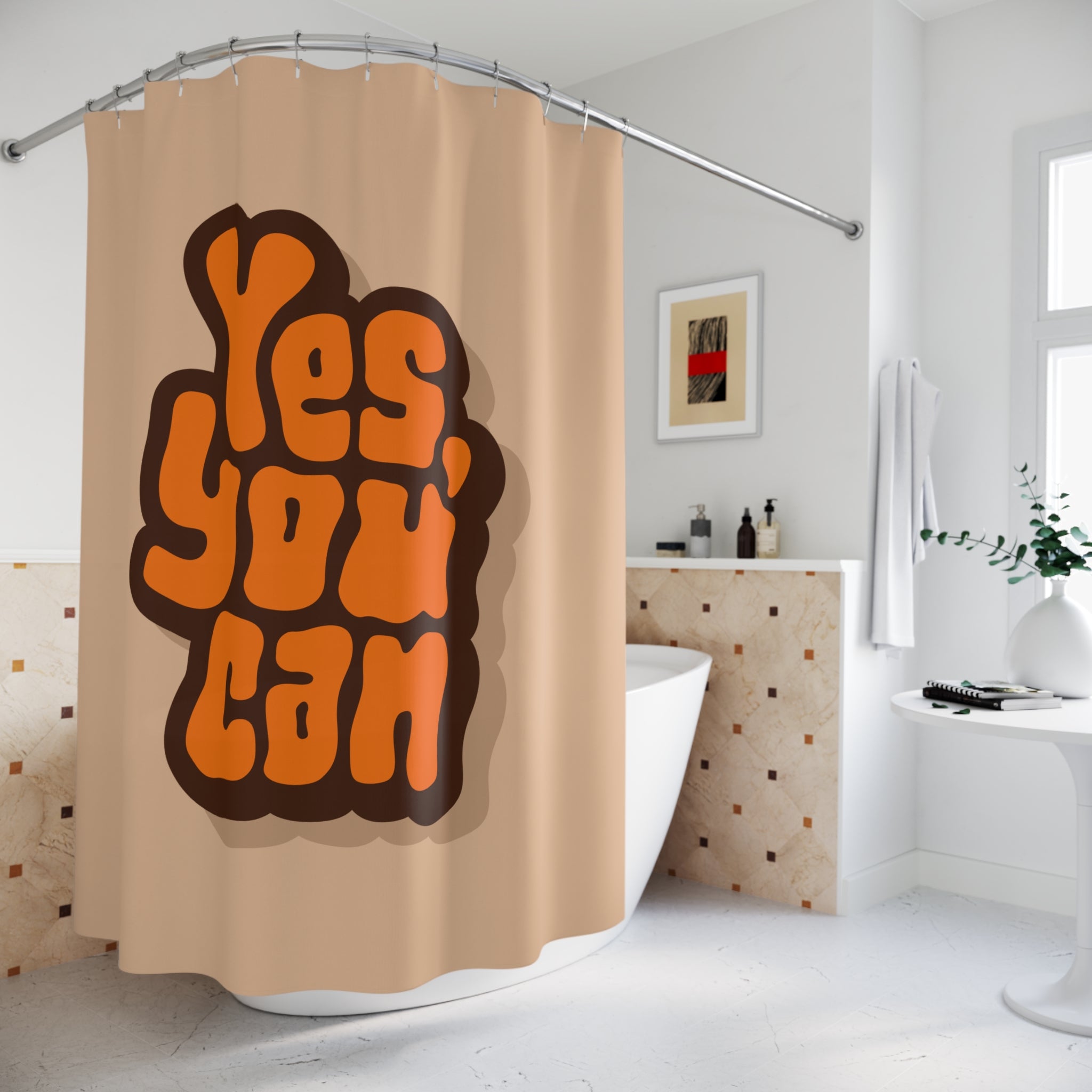 "Yes, You Can" Slogan Shower Curtain Gift: Retro Motivation for Dreamers