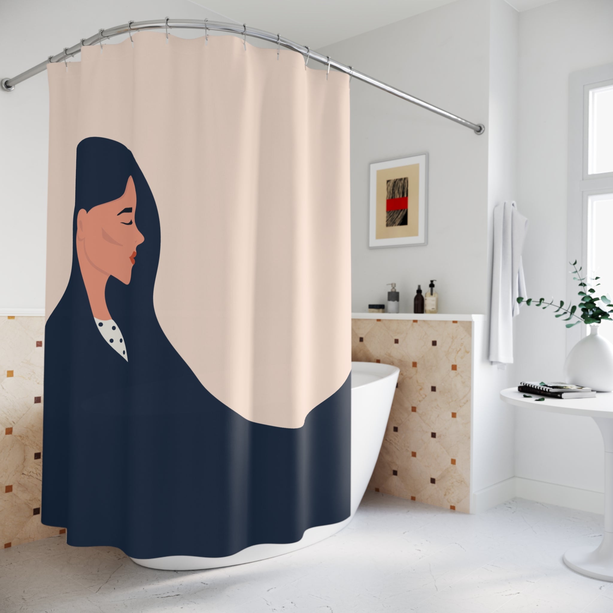 "Flowing Grace" Minimalist Woman Shower Curtain Gift: Serene Art for Contemplative Spaces