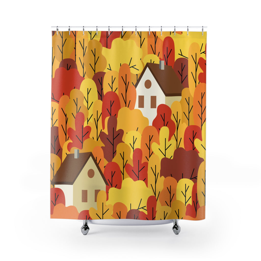 Cozy Autumn Forest Houses Pattern Shower Curtain Gift: Charming Fall for Rustic Homes