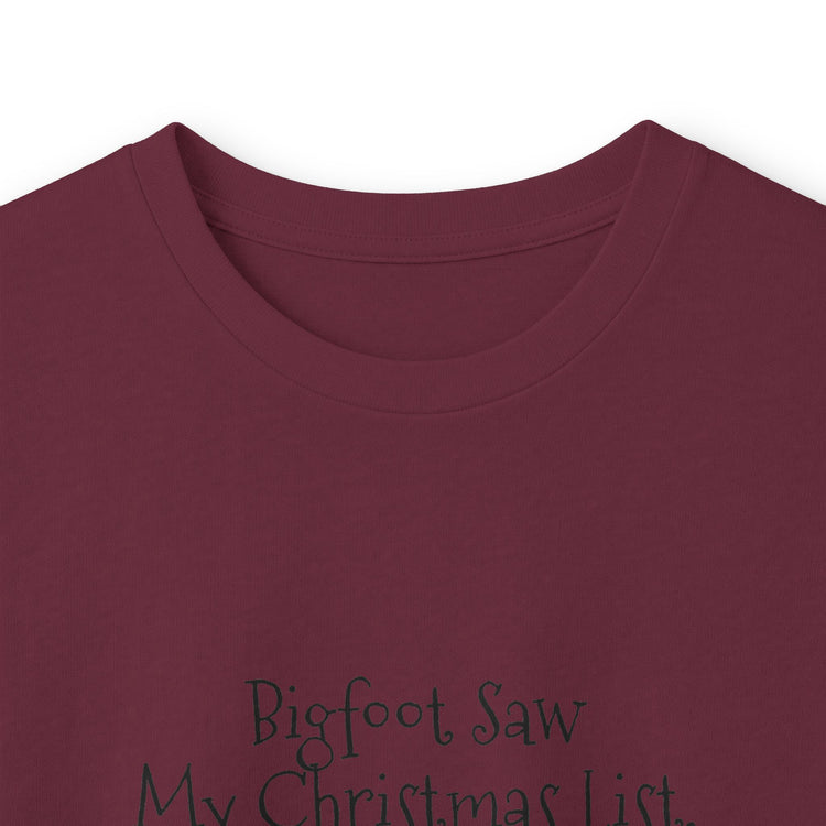 Bigfoot Christmas List long sleeve tee in safety-green – original NewGiftDay design