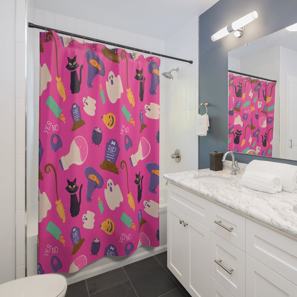 Bright Pink Halloween Icon Pattern Shower Curtain Gift: Playful Spooky for Festive Homes